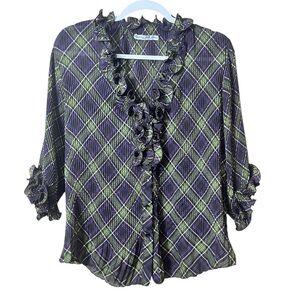 Signature by Larry Levine Purple and Green Pleated Plaid Ruffle Blouse Medium